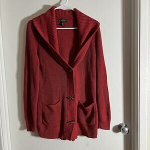 LRL Ralph Lauren Linen blend Knit cardigan Burnt Red Toggle Closure Women L
